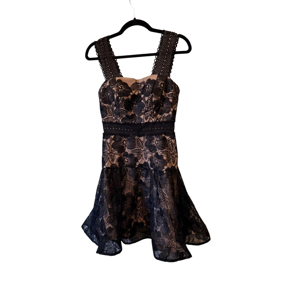 Blondie Nites Elegant Black and cream floral‎ Lace fit & flare, Mini Dress NWOT - Picture 2 of 9